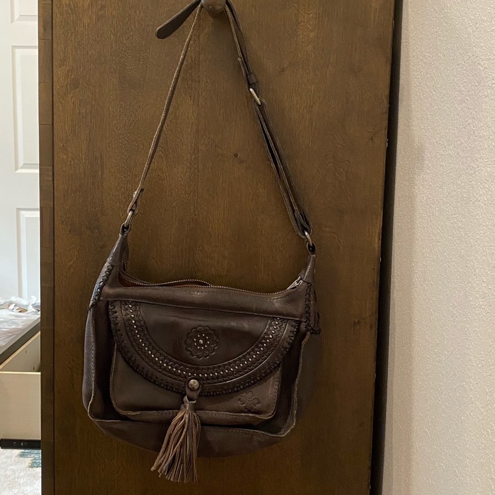 Patricia Nash Leather Tooled Tassel Flap Bag